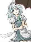  apron bad_id bad_pixiv_id bow braid colored_eyelashes eyelashes gm hair_bow hairband izayoi_sakuya maid purple_eyes ribbon short_hair silver_hair sketch solo touhou twin_braids umbrella 