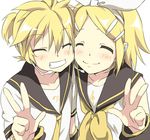  1girl bad_id bad_pixiv_id blonde_hair brother_and_sister happy kagamine_len kagamine_rin maruki_(punchiki) short_hair siblings smile twins v vocaloid 