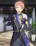 1boy asymmetrical_clothes beads black_gloves blue_flower blurry blurry_background buttons ceiling_light checkered_floor cowboy_shot door ensemble_stars! flower frilled_sleeves frills game_cg gloves hand_on_own_chest hands_up indoors itsuki_shu jewelry long_sleeves looking_at_viewer male_focus official_art open_mouth pink_hair plant potted_plant purple_eyes ring short_bangs short_hair smile solo third-party_source witchcraft_(ensemble_stars!) 