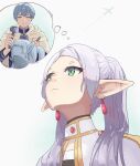  1boy 1girl blue_eyes blue_hair blue_jacket cloak closed_mouth commentary earrings elf frieren green_eyes grey_hair hammer highres himmel_(sousou_no_frieren) holding holding_chisel holding_hammer jacket jewelry long_hair meme pointy_ears purapi sculpting sculpture short_hair smile sousou_no_frieren twintails upward_angle_frieren_drawing_(meme) white_cloak 