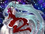  aqua_eyes aqua_hair christmas elbow_gloves gloves hatsune_miku high_heels long_hair mizuki_aoi necktie red_gloves sack santa_costume shoes snow solo thighhighs twintails very_long_hair vocaloid 