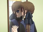  blue_eyes brown_hair mirror ponytail ribbon shiro_(octet) solo symphonic_rain tortinita_fine 