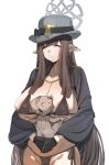  1girl bikini black_bikini black_gloves black_panties blue_archive bow_(bhp) breasts brown_hair capelet chibi closed_eyes doodle_sensei_(blue_archive) droopy_ears gloves grey_halo grey_hat halo hat highres huge_breasts long_hair misuzu_(blue_archive) panties pointy_ears sensei_(blue_archive) side-tie_panties solo string_panties swimsuit underwear 