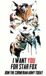  1boy absurdres animal_ears closed_mouth english_commentary english_text fox_boy fox_ears fox_mccloud frameture furry furry_male highres looking_at_viewer male_focus parody pointing pointing_at_viewer poster_(medium) scouter star_fox style_parody upper_body 