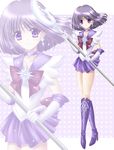  back_bow bishoujo_senshi_sailor_moon bob_cut boots bow choker earrings elbow_gloves gloves holding holding_spear holding_weapon jewelry knee_boots magical_girl polearm purple_eyes purple_footwear purple_hair purple_sailor_collar purple_skirt sailor_collar sailor_saturn sailor_senshi_uniform silence_glaive skirt solo spear staff star star_choker tiara tomoe_hotaru weapon white_gloves yukinyan zoom_layer 