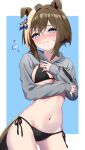  1girl absurdres animal_ears bikini black_bikini blue_eyes blush border breasts bright_pupils brown_hair brown_tail cheval_grand_(umamusume) closed_mouth commentary_request covering_breasts covering_privates cowboy_shot ears_down embarrassed flying_sweatdrops grey_shrug hair_between_eyes highres hinoaki hood hood_down hooded_shrug horse_ears horse_girl horse_tail large_breasts looking_at_viewer multicolored_hair navel outside_border short_hair short_hair_with_long_locks shrug_(clothing) side-tie_bikini_bottom sidelocks simple_background solo stomach streaked_hair sweat swimsuit tail thighs umamusume white_border white_pupils white_streaks 