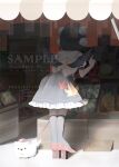  1girl animalization back_cutout bird_wings black_skirt black_socks black_wings clothing_cutout commentary english_commentary facing_away food frilled_skirt frills from_behind fruit hat inubashiri_momiji inubashiri_momiji_(wolf) kneehighs leaf_print mango maple_leaf_print no_noru peach pineapple pom_pom_(clothes) print_skirt puffy_short_sleeves puffy_sleeves red_hat ribbon-trimmed_skirt ribbon_trim sample_watermark shameimaru_aya shirt shopping short_sleeves skirt socks tokin_hat touhou watermark white_shirt wings 