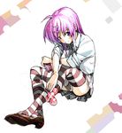  hiro_(dismaless) little_busters! panties pantyshot pantyshot_(sitting) purple_hair saigusa_haruka sitting sleeves_rolled_up solo striped striped_legwear thighhighs underwear white_panties 