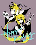  1girl bad_id bad_pixiv_id blonde_hair brother_and_sister cake character_name food happy_birthday kagamine_len kagamine_rin party_popper pastry reika_(clovia_studio) siblings twins vocaloid 