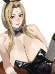 1girl animal_ear_hairband animal_ears black_leotard blonde_hair blush bottle bow bowtie breasts brown_eyes cleavage collarbone commentary_request covered_navel detached_collar facial_mark fake_animal_ears forehead_mark hairband highleg highleg_leotard highres huge_breasts leotard long_hair looking_at_viewer mature_female naruto_(classic) naruto_(series) pantyhose playboy_bunny rabbit_ear_hairband rabbit_ears sake_bottle short_eyebrows simple_background smile solo strapless strapless_leotard taiyang_yu tsunade_(naruto) white_wrist_cuffs wrist_cuffs 