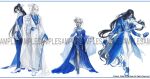  1girl 3boys absurdres alternate_costume antonio_(identity_v) ascot back-to-back bare_shoulders black_eyes black_hair blue_ascot blue_coat blue_dress blue_eyeshadow blue_flower blue_gem blue_gloves blue_pants blue_pantyhose blue_shoes blue_vest bow_(music) brooch buttons cane choker claws closed_eyes closed_mouth coat coat_on_shoulders colored_skin commentary_request copyright_notice cross-laced_shoes curtained_hair double-breasted dress dress_shoes earrings eyeshadow facial_mark fan_wujiu flower flower_choker flower_facial_mark flower_symbol frilled_sleeves frills full_body gem gloves gown gradient_pantyhose grey_hair grey_skin hair_between_eyes hair_flower hair_ornament hair_stick half_mask halter_dress halterneck high_heels high_ponytail highres holding holding_bow_(music) holding_cane holding_instrument holding_violin identity_v instrument jewelry lapel_pin lapels lawson lineup long_dress long_hair long_sleeves looking_at_viewer makeup mary_(identity_v) mask mizutame_tori multiple_boys neck_tassel necklace notched_lapels official_art pale_skin pants pantyhose parted_bangs pointy_ears ponytail prehensile_hair purple_eyes sample_watermark see-through_clothes see-through_legwear shirt shoes shrug_(clothing) silver_necklace simple_background sleeve_cuffs smile solid_eyes standing tassel tassel_earrings teardrop_earrings very_long_hair vest violin watermark white_background white_coat white_hair white_pants white_shirt white_shoes white_shrug white_vest wide_sleeves xie_bi'an yellow_eyes 