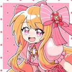  1girl bad_id bad_twitter_id blonde_hair chaos_marie_(grimms_notes) cleavage_cutout clothing_cutout flower grimms_notes hair_ribbon heart heart-shaped_pupils long_hair looking_at_viewer open_mouth pink_eyes pink_ribbon poteta_fa puffy_short_sleeves puffy_sleeves ribbon rose short_sleeves smile solo striped_ribbon swept_bangs symbol-shaped_pupils upper_body 