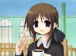  blue_eyes brown_hair chair coffee ponytail ribbon shiro_(octet) smile solo symphonic_rain tortinita_fine window 