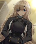  1girl arms_behind_back blonde_hair blue_eyes breasts eyepatch goddess_of_victory:_nikke guillotine_(nikke) hair_over_one_eye highres large_breasts long_hair looking_at_viewer negino_yurine one_eye_covered 