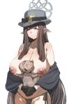  1girl black_gloves black_panties blue_archive bow_(bhp) breasts brown_hair capelet chibi closed_eyes doodle_sensei_(blue_archive) droopy_ears gloves grey_halo grey_hat halo hat highres huge_breasts huge_nipples long_hair misuzu_(blue_archive) nipples panties pointy_ears sensei_(blue_archive) side-tie_panties solo string_panties underwear 