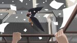  1girl 1other absurdres bird_wings black_hair brown_coat brown_shorts building coat commentary_request feathered_wings flying from_above full_body hat highres ktune_udon long_sleeves necktie official_alternate_costume outdoors paper pom_pom_hat_ornament pov pov_hands red_necktie shameimaru_aya shameimaru_aya_(newsboy) shirt short_hair shorts solo_focus tile_roof tokin_hat touhou white_shirt wide_shot wings 