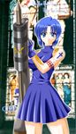  artist_request bare_shoulders blue_eyes blue_hair ciel frown solo stained_glass tattoo tsukihime weapon 