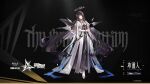  1girl ambience_synesthesia angel angel_wings arknights black_background black_dress black_eyes black_hair blue_shawl blunt_bangs broken_halo broken_wing character_name closed_mouth copyright_name dress energy_wings full_body gloves gold_necklace gradient_background hair_ornament halo high_collar high_heels highres hime_cut holding_harp instrument jewelry juliet_sleeves long_dress long_hair long_sidelocks long_sleeves music necklace official_alternate_costume official_art playing_instrument puffy_sleeves shawl shoes sidelocks smile socks solo standing two-tone_dress virtuosa_(arknights) white_dress white_gloves white_shoes white_socks wings 