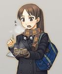  bag brown_eyes brown_hair coat double-breasted eating food gloves itou_(onsoku_tassha) long_hair open_mouth original plaid plaid_scarf ponytail scarf simple_background single_glove solo takoyaki 
