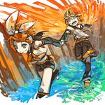  1girl bad_id bad_pixiv_id brother_and_sister holding_hands kagamine_len kagamine_rin kawazu orange_hair running short_hair siblings twins vocaloid 