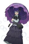  1girl absurdres bag black_bag black_bow black_bowtie black_shirt black_skirt bow bowtie bubble chuunibyou_demo_koi_ga_shitai! collared_shirt commentary crinoids eyepatch feet_out_of_frame green_eyes hair_bow highres holding holding_umbrella layered_skirt layered_sleeves long_skirt long_sleeves looking_at_viewer medical_eyepatch one_eye_covered one_side_up parasol parted_lips petticoat purple_hair purple_umbrella shirt short_hair short_over_long_sleeves short_sleeves simple_background skirt sleeve_cuffs solo standing takanashi_rikka umbrella white_background white_shirt wing_collar 
