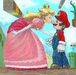  1girl ?_block bad_id bad_pixiv_id dress kiss long_hair mario mario_(series) pink_dress pon princess_peach super_mario_bros. 