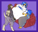 4_fingers 4_toes anthro back_wings barefoot beanie belly belly_grab belly_lift big_belly big_breasts biped blue_hair blue_tail bottomwear breasts brown_hair canid canine canis cleavage clothed clothed_anthro clothed_female clothed_male clothing countershading domestic_dog duo electrogenesis eyewear facial_markings feathered_wings feathers feet female female_anthro fingers folded_wings fur furgonomic_topwear furgonomics furniture glasses glowie_(doughieglowie) grey_beanie grey_bottomwear grey_clothing grey_hat grey_headwear grey_hoodie grey_pants grey_topwear hainu hainu_(soulfulhainu) hair hat head_markings headgear headwear hi_res hoodie huge_belly larger_anthro larger_female male male/female male_anthro mammal markings mask_(marking) obese obese_anthro obese_female on_sofa orange_body orange_ears orange_fur overweight overweight_anthro overweight_female pants procyonid raccoon red_ears round_glasses shirt sitting sitting_on_sofa size_difference smaller_anthro smaller_male sofa strawberrymilkdog striped_hair striped_markings striped_tail stripes tail tail_markings tan_body tan_feathers tan_fur tan_tail tan_wings thick_thighs toes topwear torn_bottomwear torn_clothing torn_pants wardrobe_malfunction white_body white_clothing white_countershading white_shirt white_topwear wide_hipped_anthro wide_hipped_female wide_hips wings yellow_electricity