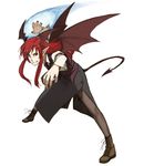  bat_wings demon_tail head_wings koakuma long_hair pantyhose pointy_ears red_eyes red_hair solo tail torinone touhou wings 