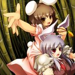  animal_ears bamboo bamboo_forest brown_eyes brown_hair bunny_ears bunny_tail carrot carrying clenched_hand ear_grab fang forest inaba_tewi lavender_hair looking_at_viewer multiple_girls nature night noya_makoto open_hand outstretched_arm red_eyes reisen_udongein_inaba shoulder_carry tail touhou 