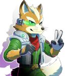  1boy animal_ears bodysuit closed_mouth commentary_request fox_boy fox_ears fox_mccloud fox_tail furry furry_male garakutea green_bodysuit highres looking_at_viewer male_focus neckerchief red_neckerchief scouter smile star_fox tail v vest whiskers white_vest 