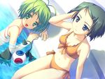  bikini character_request dutch_angle eyeball granitiana_cristia green_eyes green_hair multiple_girls non-web_source orange_bikini pool purple_eyes shida_kazuhiro short_hair swimsuit wiz_anniversary 