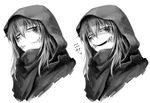  bags_under_eyes black_eyes burn cloak greyscale hetza_(hellshock) hood long_hair monochrome nagai_gojitsudan_no_nechronica open_mouth scar simple_background solo upper_body white_background 