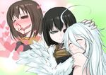  =_= ^_^ ahoge black_hair blood blush brown_hair canna_(hetza) closed_eyes feathers green_eyes hair_between_eyes hand_on_head heart hetza_(hellshock) hug imagining missing_eye multiple_girls nagai_gojitsudan_no_nechronica nosebleed scarf smile sweat sweatdrop white_hair yuri 