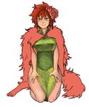  alternate_costume breasts china_dress chinese_clothes dress flower fur hair_flower hair_ornament large_breasts naoayatugu red_hair short_hair shut_hell shut_hell_(character) solo thighs 
