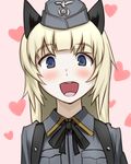  :d animal_ears blonde_hair blue_eyes blush cat_ears garrison_cap hat heart helma_lennartz hetza_(hellshock) looking_at_viewer military military_uniform neck_ribbon open_mouth pink_background ribbon smile solo uniform upper_body world_witches_series 