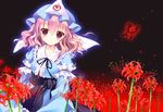  aura blue_dress darkness dress field flower flower_field hat highres long_sleeves looking_at_viewer pink_eyes pink_hair saigyouji_yuyuko sash shirogane_hina solo spider_lily touhou triangular_headpiece veil wide_sleeves 