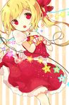  blonde_hair bow fang flandre_scarlet fuiyu_(feuille0818) hair_bow hair_ornament hairpin long_hair no_hat no_headwear open_mouth red_eyes ribbon side_ponytail skirt skirt_set solo touhou 