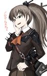 ascot belt brown_hair green_eyes hand_on_own_cheek hand_on_own_face hetza_(hellshock) kantai_collection kumano_(kantai_collection) long_hair looking_at_viewer pale_skin ponytail simple_background solo translated turret white_background 