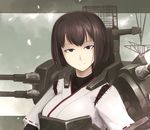  blush brown_eyes brown_hair cherry_blossoms hetza_(hellshock) hyuuga_(kantai_collection) kantai_collection looking_at_viewer muneate short_hair solo 