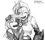  :d blood blush dynamite fingerless_gloves gloves greyscale hand_on_another's_head hetza_(hellshock) hug kifa_(hetza) long_hair midriff monochrome monster_girl multiple_girls nagai_gojitsudan_no_nechronica one_eye_closed open_mouth pointy_ears sharp_teeth short_hair simple_background smile teeth tentacles white_background 