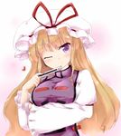  blonde_hair breast_lift breasts closed_fan coo dress fan folding_fan hat hat_ribbon heart juliet_sleeves large_breasts long_hair long_sleeves looking_at_viewer mob_cap one_eye_closed puffy_sleeves purple_eyes ribbon smile solo tabard touhou upper_body very_long_hair white_dress wide_sleeves yakumo_yukari 