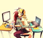  battlefield_(series) blonde_hair commentary computer derivative_work drill_hair headphones hobbang laptop long_hair mahou_shoujo_madoka_magica multiple_girls multitasking pantyhose pencil playing_games red_hair sakura_kyouko sitting sitting_on_lap sitting_on_person skirt straddling studying tomoe_mami twin_drills twintails upright_straddle video_game 