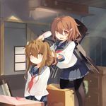  :d black_legwear brown_eyes brown_hair bug closed_mouth fang folded_ponytail hair_brushing hair_ornament hairclip highres ikazuchi_(kantai_collection) inazuma_(kantai_collection) kaga10 kantai_collection loafers multiple_girls open_mouth pantyhose school_uniform serafuku shoes silk sitting skirt smile spider spider_web sweatdrop tears 