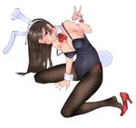  animal_ears bow bowtie brown_hair bunny_ears bunny_tail bunnysuit cherry detached_collar fishnet_pantyhose fishnets food fruit highres long_hair one_eye_closed original pantyhose red_eyes ryusuke1234 solo strap tail 