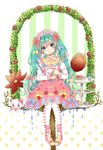  aqua_hair blue_eyes bow cake character_name cookie cup cupcake dress flower food hair_bow hairband hatsune_miku head_tilt highres holding holding_cup jewelry lolita_fashion lolita_hairband long_hair long_sleeves necklace pantyhose pipipiosuke print_dress print_legwear ribbon-trimmed_clothes ribbon_trim shoe_bow shoes sitting solo stuffed_animal stuffed_bunny stuffed_toy sweet_lolita teacup tiered_tray tulip twintails very_long_hair vocaloid 