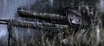  cloak gun hetza_(hellshock) leaf mask nagai_gojitsudan_no_nechronica navka_(hetza) purple_hair rain red_eyes rifle scar sniper_rifle solo weapon 