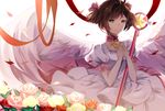  brown_hair cardcaptor_sakura choker dress flower green_eyes hitomi95 hoshi_no_tsue kinomoto_sakura magical_girl pink_choker ribbon rose short_hair star star_choker wand wings 