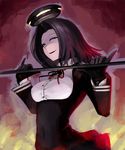  black_gloves breasts glaive gloves hetza_(hellshock) kantai_collection looking_at_viewer mechanical_halo medium_breasts open_mouth purple_hair red_eyes school_uniform shaded_face short_hair smile tatsuta_(kantai_collection) 