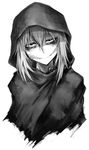  bags_under_eyes black_eyes burn cloak greyscale hetza_(hellshock) hood long_hair monochrome nagai_gojitsudan_no_nechronica scar simple_background solo upper_body white_background 