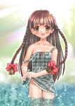  1girl blush braid braids brown_eyes brown_hair collarbone dress dress_lift karen_(sister_princess) long_hair lowres open_mouth ribbon sister_princess twin_braids water 